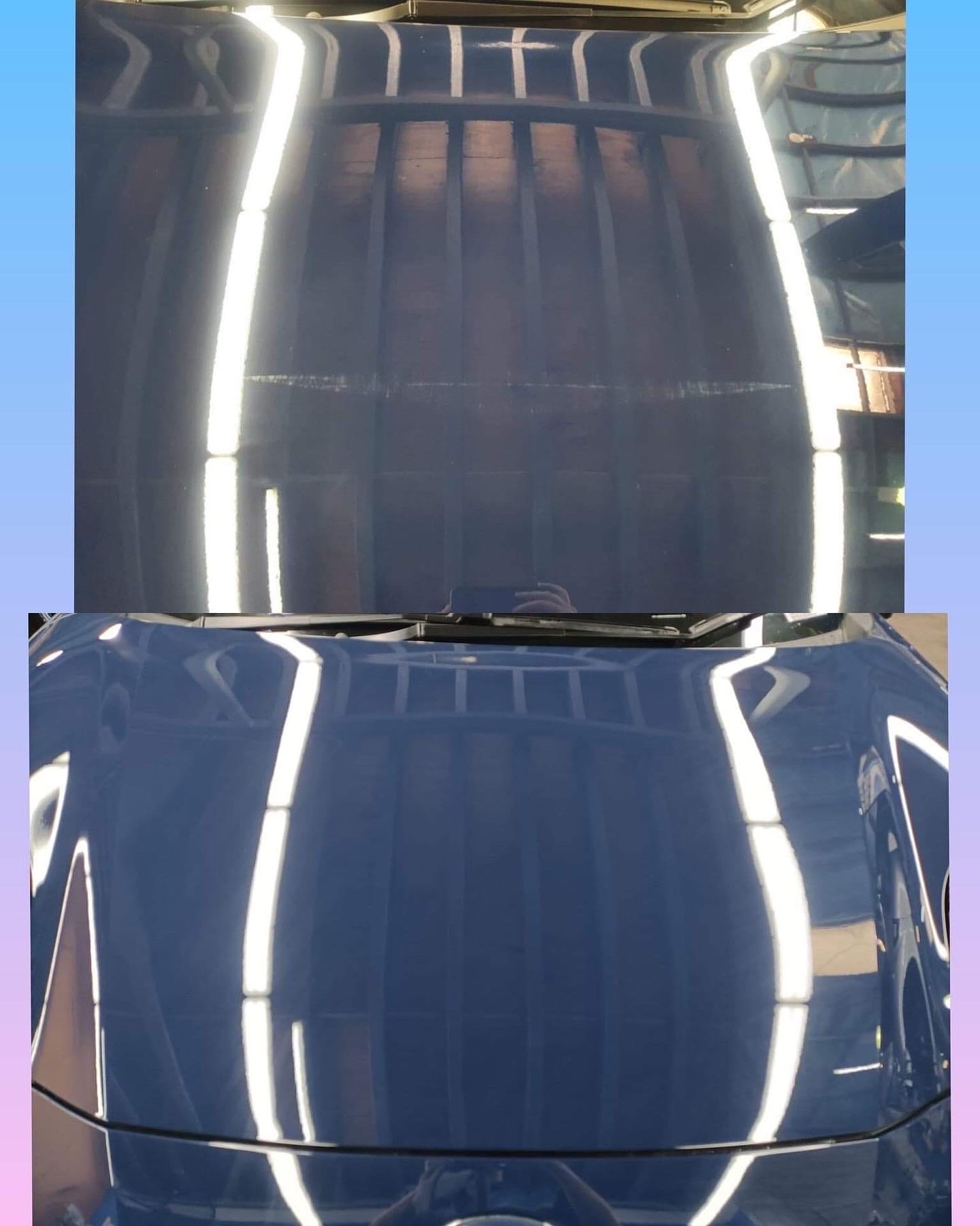 Paint correction before and after on dark bonnet under inspection lights