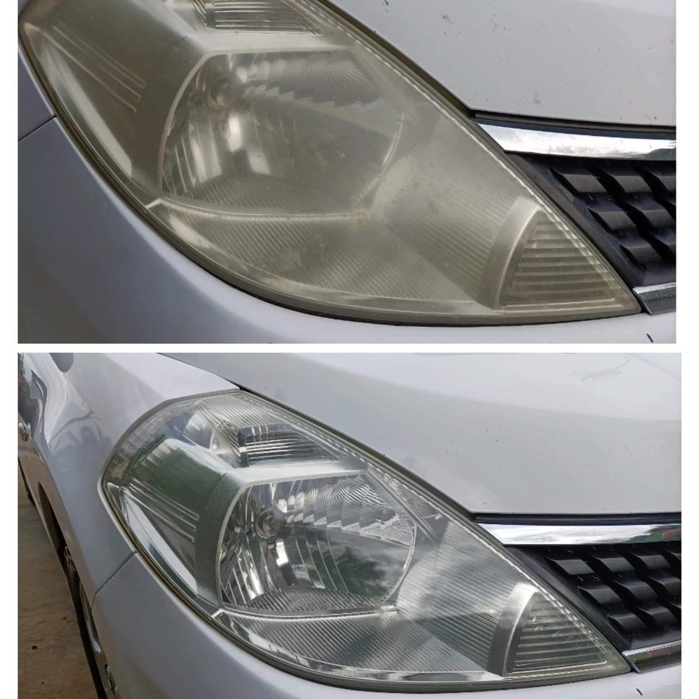 Headlight restoration before and after showing crystal clear result